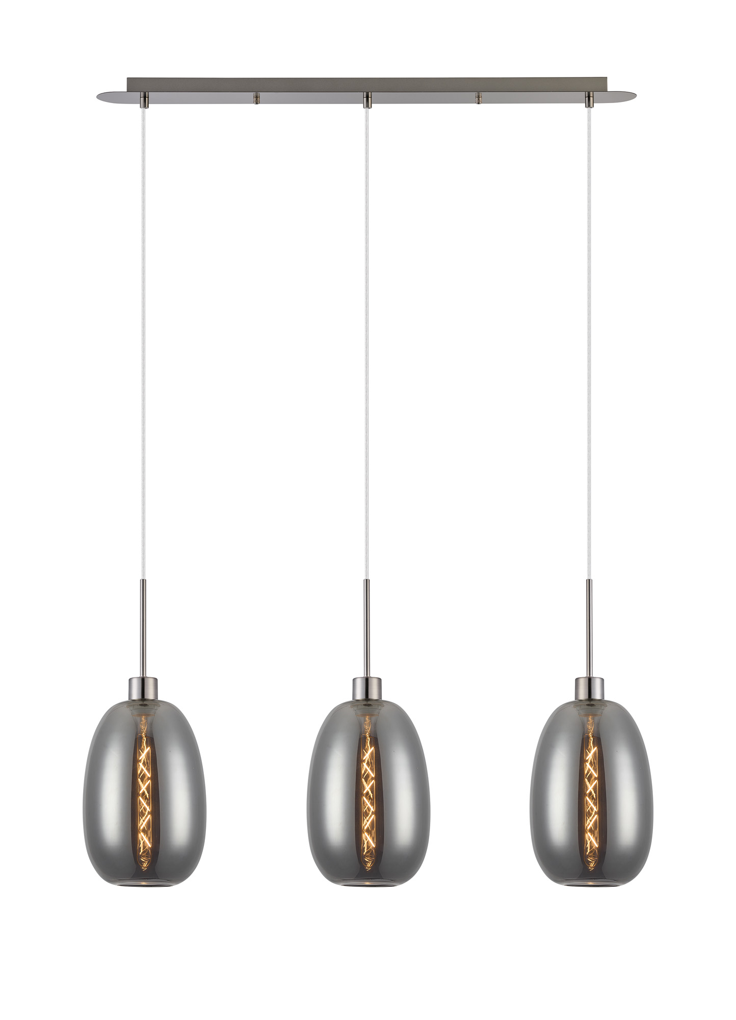 DK1391  Lori Linear Pendant, 3 Light Adjustable E27, Satin Nickel/Smoke Slim Curved Trapezium Shades